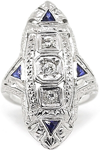 18k White Gold Diamond & Saphire Vintage Ring